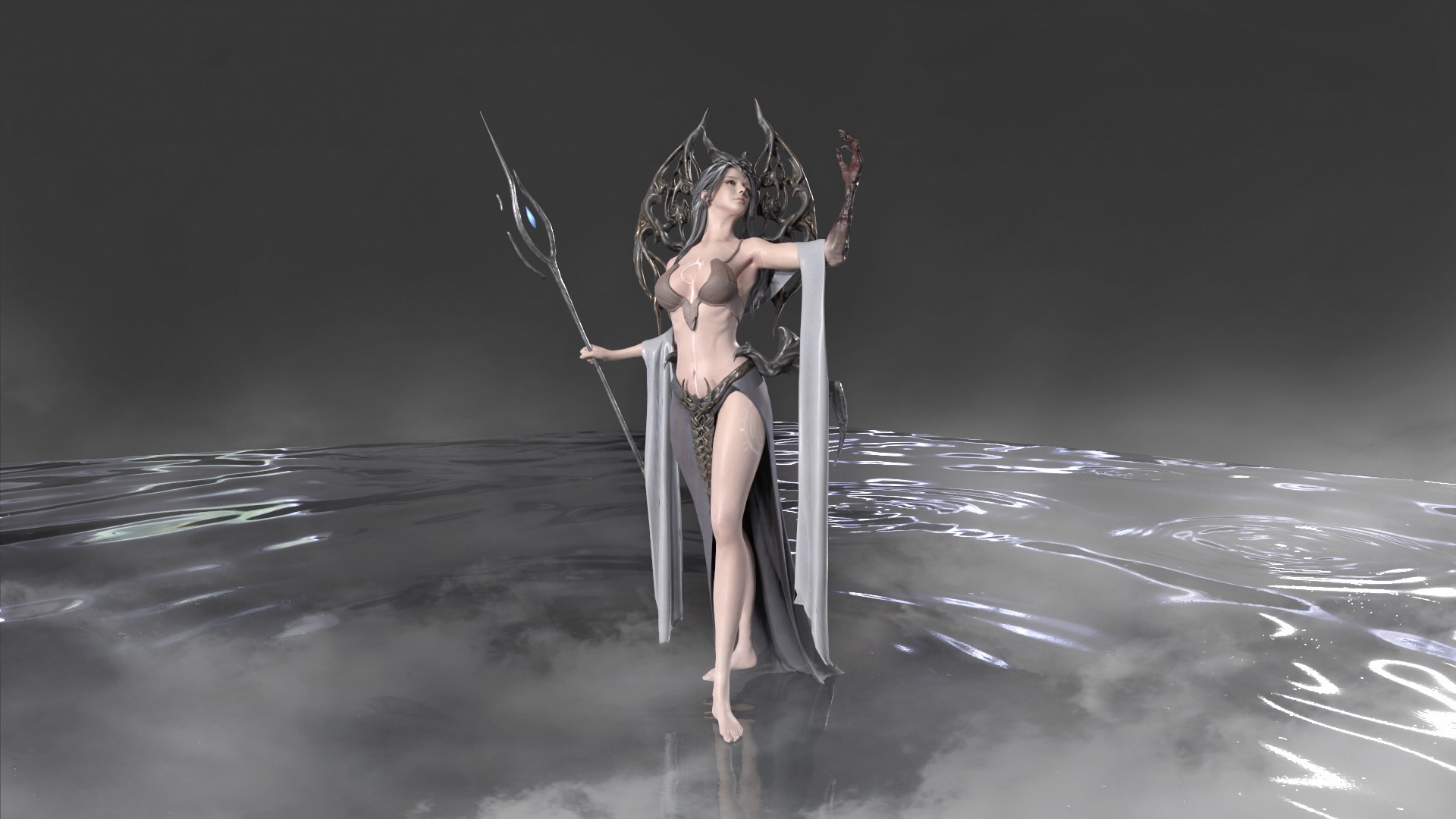 女性幻想角色手持法杖站在水面上的渲染场景